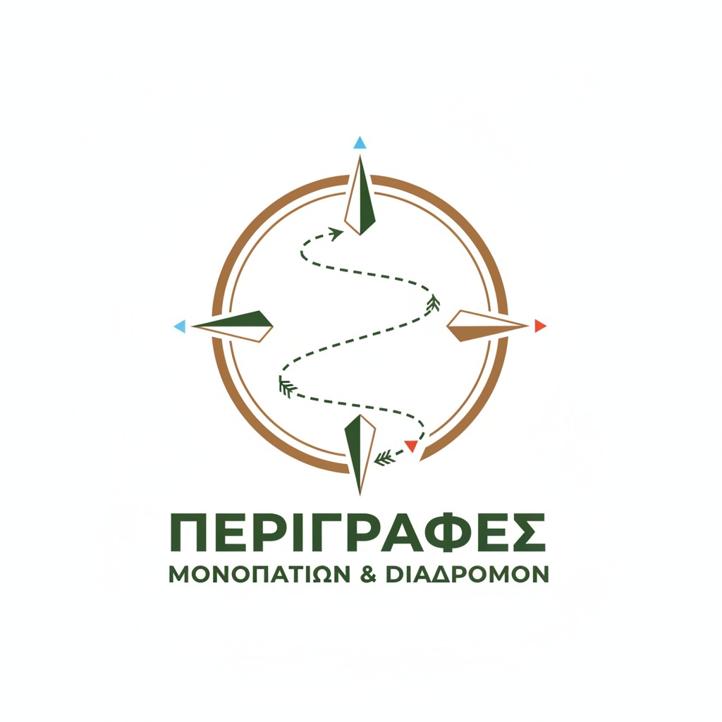 Το λογότυπο απεικονίζει μια πυξίδα με μια διακεκομμένη διαδρομή στο εσωτερικό της και το κείμενο «ΠΕΡΙΓΡΑΦΕΣ ΜΟΝΟΠΑΤΙΩΝ & ΔΙΑΔΡΟΜΩΝ» από κάτω.