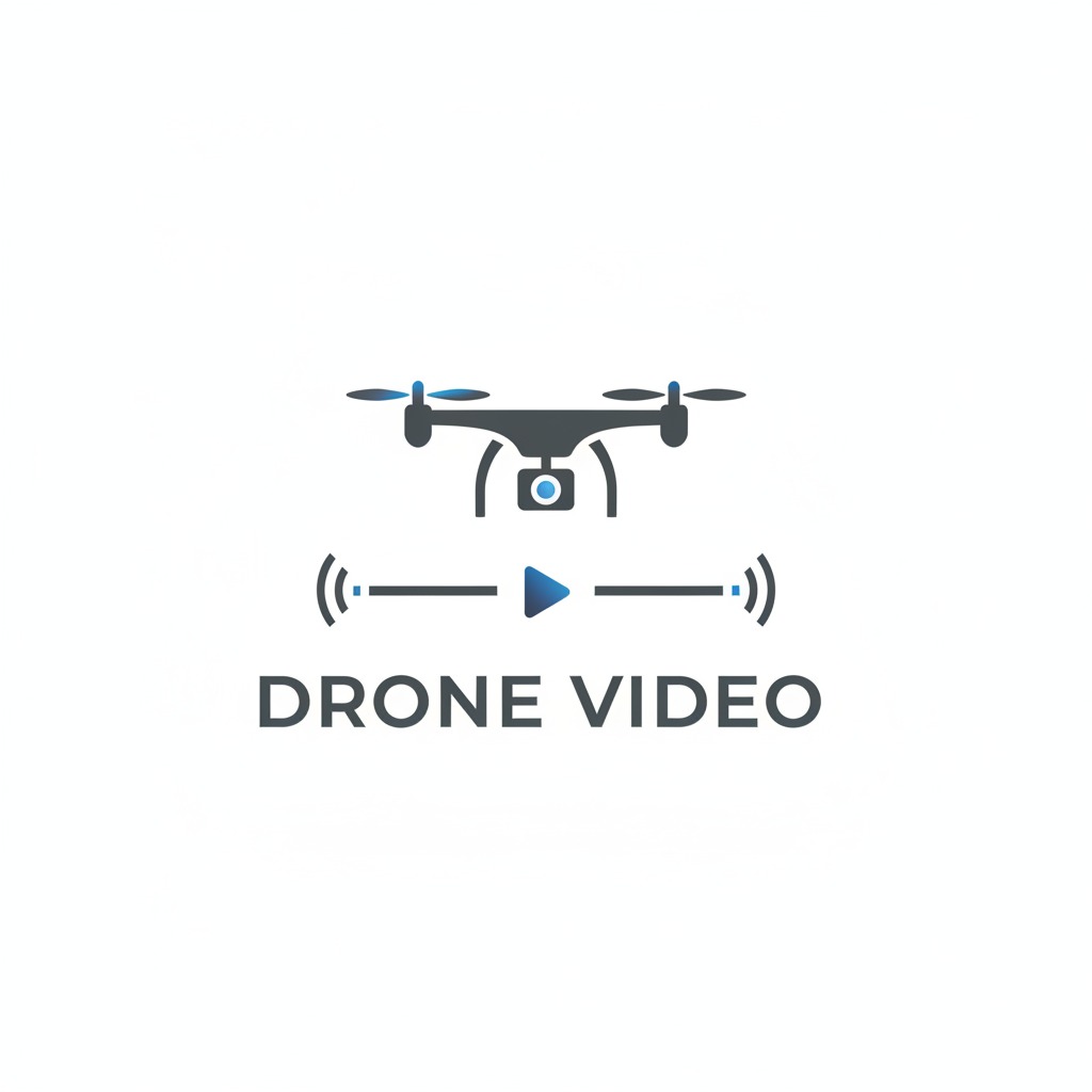 Λογότυπο με ένα drone, ένα εικονίδιο αναπαραγωγής βίντεο και το κείμενο "DRONE VIDEO".